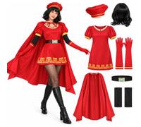 6Pcs Fairytale Lord Costume for Women Red Medieval King Fancy Dress Set | Includes red dress,cape, belt, hat, gloves, arm sleeves and black bob wig for a coordinated royal character look