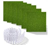 6Pcs Fake Grass Mat 15 x 15 cm, Realistic Artificial Lawn with Miniature Wooden Fence 90x5cm, Mini Garden Lawn Ornament for Fairy Terrarium Doll House Bonsai Toy Farm Micro Landscape (A)