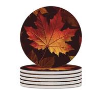 6PCS Fall Autumn Leaves Coasters Non-Slip Round Drink Coasters with Ceramic Stone and Cork Base, Heat Resistant Absorbent 33.00Stone Coaster Set for Kinds of Mugs and Cups, 4 Inch