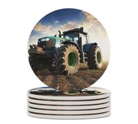 6PCS Farm Tractor Coasters Non-Slip Round Drink Coasters with Ceramic Stone and Cork Base, Heat Resistant Absorbent 33.00Stone Coaster Set for Kinds of Mugs and Cups, 4 Inch