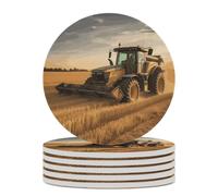 6PCS Farm Tractor Harvest Coasters Non-Slip Round Drink Coasters with Ceramic Stone and Cork Base, Heat Resistant Absorbent 33.00Stone Coaster Set for Kinds of Mugs and Cups, 4 Inch