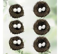 6pcs Faux Bird Nest with Eggs for Crafts, Artificial Rattan Birds Nest for Easter Wedding Home Paty Christmas Tree Decoration (6pcs Mixed Small Size Nest,12pcs Eggs)