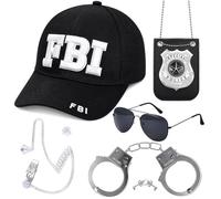 6PCS FBI Costume Cop Accessories, Police Costume Accessories Set with Adjustable Baseball Cap, Sunglasses, Earpiece, Cop Badge, Handcuffs, for Adult Halloween Dress up, Role Play, Cosplay Party
