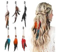 6Pcs Feather Hair Clip, Hair Feathers Extensions, Boho Hippie Festival Accessories, Handmade Hairpin Headdress for Women Girls Halloween Cosplay Costume (Black+Brown+Beige+Blue+Orange+Red)