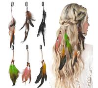 6Pcs Feather Hair Clip, Hair Feathers Extensions, Boho Hippie Festival Accessories, Handmade Hairpin Headdress for Women Girls Halloween Cosplay Costume (Black+Brown+Beige+Green+Pink+Yellow)