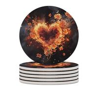 6PCS Fire Flowers and Heart Coasters Non-Slip Round Drink Coasters with Ceramic Stone and Cork Base, Heat Resistant Absorbent 33.00Stone Coaster Set for Kinds of Mugs and Cups, 4 Inch