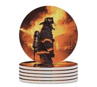6PCS Firefighter Fireman Flame Coasters Non-Slip Round Drink Coasters with Ceramic Stone and Cork Base, Heat Resistant Absorbent 33.00Stone Coaster Set for Kinds of Mugs and Cups, 4 Inch