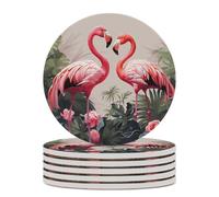6PCS Flamingo Birds on Background Coasters Non-Slip Round Drink Coasters with Ceramic Stone and Cork Base, Heat Resistant Absorbent 33.00Stone Coaster Set for Kinds of Mugs and Cups, 4 Inch