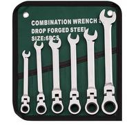 6PCS Flexible Head Ratchet Spanner Set, Metric 8-17mm Combination Wrenches with 180° Flex Head & 72-Tooth Ratchet, Chrome Vanadium Steel Nickel Plated, Includes Roll Pouch for DIY and Car Repair