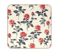 6PCS Floral Flower Red Roses Pattern 05-14 Non-Slip Microfiber Leather Coasters, with Single-Side Print