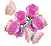 6Pcs Flower and Pink Butterfly Balloons Set, Large Rose & Camellia Foil Balloons with Butterfly, 32in Floral Balloons for Spring Party, Birthday, Easter, Wedding Decorations