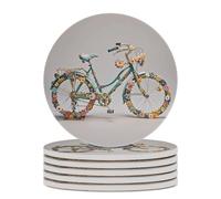 6PCS Flower Bicycle Coasters Non-Slip Round Drink Coasters with Ceramic Stone and Cork Base, Heat Resistant Absorbent 33.00Stone Coaster Set for Kinds of Mugs and Cups, 4 Inch