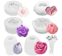 6Pcs Flower Candle Mould, 3D Flower Silicone Mould with 20 Pieces Candlewick for Candle Making Handmade Soap Aromatherapy Fondant Cake Decoration DIY Craft Home Decor(Set A)