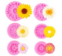 6PCS Flower Silicone Moulds, Daisy Chocolate Mould 3D Pink Chrysanthemum Fondant Molds Reusable Candy DIY Decorations for Fudge Cupcake Topper Soap Polymer Clay Candle Making