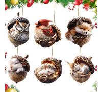 6PCS Forest Animal Acorn Ornaments, 2D Acrylic Cozy Forest Christmas Ornaments, Cone Animal Decoration Christmas Tree Ornaments, Acrylic Hanging Ornament for Xmas Trees, Bag Charm, Mantel