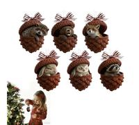 6PCS Forest Animal Pine Cones Ornaments, 2D Acrylic 6PCS Forest Animal Pattern Christmas Tree Decorations, Cute Pine Cones Animals Pendant With Red Ribbon Bow, Hanging Decorations For Mantelpiece