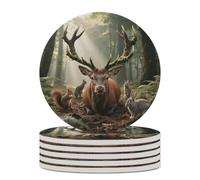 6PCS Forest Wildlife Coasters Non-Slip Round Drink Coasters with Ceramic Stone and Cork Base, Heat Resistant Absorbent 33.00Stone Coaster Set for Kinds of Mugs and Cups, 4 Inch