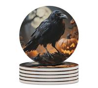 6PCS Frightening Halloween Crow Coasters Non-Slip Round Drink Coasters with Ceramic Stone and Cork Base, Heat Resistant Absorbent 33.00Stone Coaster Set for Kinds of Mugs and Cups, 4 Inch