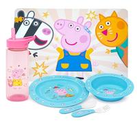 6PCs George Pig Toddlers First Feeding Set - Placemat, Plate, Stacking Bowl, 420ML Sipper Bottle with Cutlery Set, Childrens Dinnerware Tableware Cutlery Set for Mealtimes 4+Years