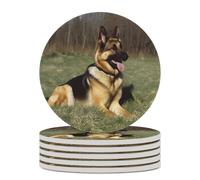 6PCS German Shepherd Dog Coasters Non-Slip Round Drink Coasters with Ceramic Stone and Cork Base, Heat Resistant Absorbent 33.00Stone Coaster Set for Kinds of Mugs and Cups, 4 Inch