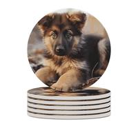 6PCS German Shepherd Puppy Coasters Non-Slip Round Drink Coasters with Ceramic Stone and Cork Base, Heat Resistant Absorbent 33.00Stone Coaster Set for Kinds of Mugs and Cups, 4 Inch