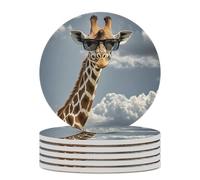 6PCS Giraffe Wearing Sunglasses Coasters Non-Slip Round Drink Coasters with Ceramic Stone and Cork Base, Heat Resistant Absorbent 33.00Stone Coaster Set for Kinds of Mugs and Cups, 4 Inch