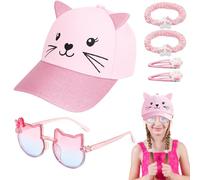 6Pcs Girls Baseball Cap Sunglasses for Kids, Summer Sun Hat Cat Shape Glasses Set with Scrunchies Hair Clips Girl's Summer Accessories for Beach Holiday Travel Outdoor Pink