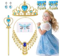 6Pcs Girls Jasmine Costume Set, Kids Arabian Snow Princess Accessories with Golden Tiara Crown Fairy Wand Necklace Earrings Bracelets Face Gems for Birthday Party Halloween Cosplay Dress Up