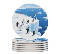 6PCS Glacier Penguins Coasters Non-Slip Round Drink Coasters with Ceramic Stone and Cork Base, Heat Resistant Absorbent 33.00Stone Coaster Set for Kinds of Mugs and Cups, 4 Inch