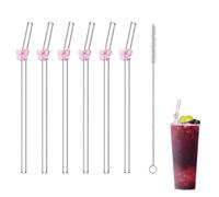 6pcs Glass Straws Drinking,Reusable Glass Straws with Charms,Bow Straw,Pink Transparent Bow Straw with Cleaning Brush,Not Fragile, for Smoothies,Milkshakes,Cocktails,Juices