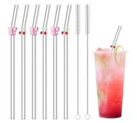 6PCS Glass Straws with Charms, Reusable Drinking Straws with 2 Cleaning Brushes, Curved Design for Smoothies, Cocktails, and Beverages (20cm)