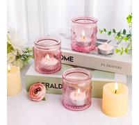 6Pcs Glass Tea Light Candle Holders,6.6cm x 5.8cm Vintage Candle Jar, Coloured Tealight Holders, Votive Candle for Indoor, Outdoor, Garden, Dinner, Church, Weddings, Home Décor, Gifts (Light pink)