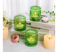 6PCS Glass Tea Light Candle Holders,Vintage Candle Jar, Coloured Tealight Holders, Votive Candle Stand for Indoor, Outdoor, Garden, Dinner, Church, Weddings, Home Décor, Gifts (Olive Green)