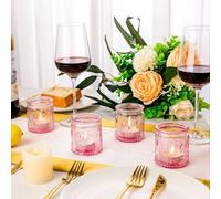 6PCS Glass Tea Light Candle Holders,Vintage Candle Jar, Coloured Tealight Holders, Votive Candle Stand for Indoor, Outdoor, Garden, Dinner, Church, Weddings, Home Décor, Gifts (Light pink)