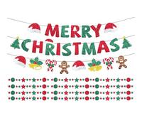 6pcs Glitter Christmas Party Decorations, Pre-Strung Merry Christmas Banner Holiday Pattern Garland Red & Green Star Circle Hanging Bunting for Home Classroom Office Mantel Winter Theme Decor