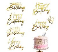 6PCS Glitter Happy Birthday Cake Toppers, Mirror Acrylic Side Cakes Decorations, Gold Cake Decorations, Gold Cakes Inserts, Happy Birthday Sign for Birthday Wedding DIY Cake Party Supplies