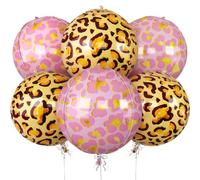 6Pcs Gold and Pink Cheetah Print Foil Balloons, 22inch 4D Leopard Theme Balloons, Large Round Ball Animal Foil Balloon for Cheetah Zoo Themed Wild Jungle Birthday Party Backdrop Decorations