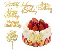 6PCS Gold Happy Birthday Cake Topper Acrylic Cake Toppers Glitter Side Mirror Cupcake Toppers Birthday Party Cakes Decorating Cakes Inserts Decorating Accessories for Anniversary Party