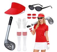 6Pcs Golf Fancy Dress Costume Accessories, Pub Golf Accessories Include Red Visor, Sunglasses, White Gloves, Wristband, Knee-high Socks, Inflatable Golfs Club for Sporting Golf Themed Party Pub Night