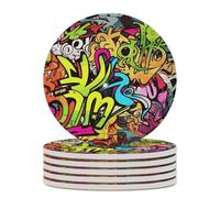 6PCS Graffiti Drawing Coasters Non-Slip Round Drink Coasters with Ceramic Stone and Cork Base, Heat Resistant Absorbent 33.00Stone Coaster Set for Kinds of Mugs and Cups, 4 Inch