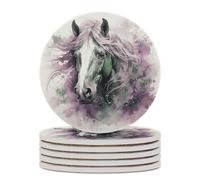 6PCS Green Horse Coasters Non-Slip Round Drink Coasters with Ceramic Stone and Cork Base, Heat Resistant Absorbent 33.00Stone Coaster Set for Kinds of Mugs and Cups, 4 Inch
