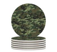6PCS Green Military Camo Coasters Non-Slip Round Drink Coasters with Ceramic Stone and Cork Base, Heat Resistant Absorbent 33.00Stone Coaster Set for Kinds of Mugs and Cups, 4 Inch
