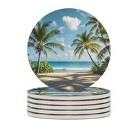 6PCS Green Palm Trees Ocean Coasters Non-Slip Round Drink Coasters with Ceramic Stone and Cork Base, Heat Resistant Absorbent 33.00Stone Coaster Set for Kinds of Mugs and Cups, 4 Inch