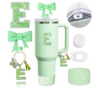 6PCS Green Stanley Cup Accessories Set for Stanley Cup 30 40oz Tumbler with Handle, Including Silicone Bow Straw Covers Cap, Spill Proof Stopper, Glitter Silicone Boot, Handle Charm, letter Patch (E)