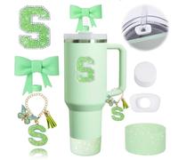 6PCS Green Stanley Cup Accessories Set for Stanley Cup 30 40oz Tumbler with Handle, Including Silicone Bow Straw Covers Cap, Spill Proof Stopper, Glitter Silicone Boot, Handle Charm, letter Patch (S)