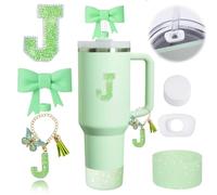 6PCS Green Stanley Cup Accessories Set for Stanley Cup 30 40oz Tumbler with Handle, Including Silicone Bow Straw Covers Cap, Spill Proof Stopper, Glitter Silicone Boot, Handle Charm, letter Patch (J)