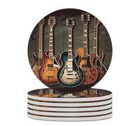 6PCS Guitars Art Coasters Non-Slip Round Drink Coasters with Ceramic Stone and Cork Base, Heat Resistant Absorbent 33.00Stone Coaster Set for Kinds of Mugs and Cups, 4 Inch