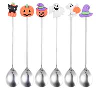 6pcs Halloween Coffee Spoon Set, Silver Stainless Steel Dessert Spoon, Multi-Purpose Teaspoon for Sugar Tea Stirring Tasting for Coffee Bar Kitchen or Restaurant Halloween Party