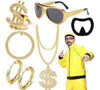 6pcs Halloween Costume Hip Hop Rapper Accessories set Fake Gold Dollar Chain, Bling Ring, Sunglasses, Gold Hoop Earrings, Chunky Necklace, and Fake Beard Hip Hop, Rapper, Or 90s Fancy Dress Party