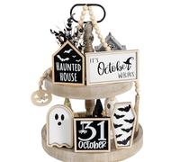 6PCS Halloween Tiered Tray Decor, Wooden Bat Coffin, Haunted House, Ghost, Witches, October 31 Sign, Bead Garland